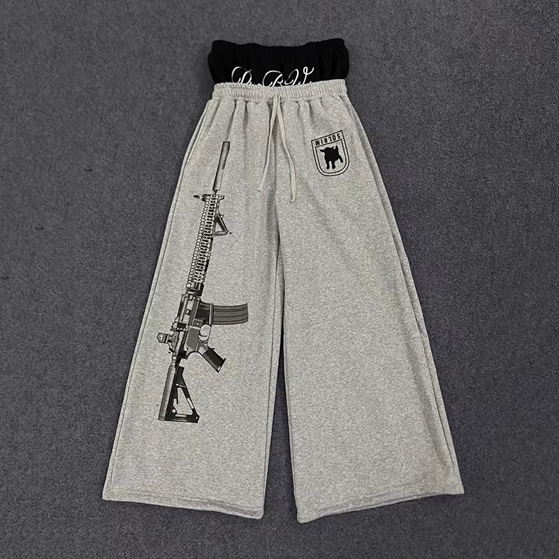 Y2K High-Waisted Printed Embroidered Street Guard Pants Spring Summer Casual Straight Leg Double Waist Design Fashionable