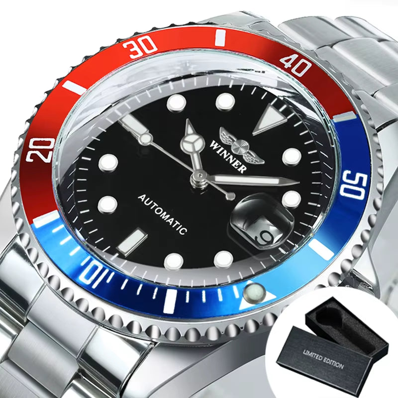 WINNER Classic Mechanical Watch for Men Luminous Stainless Steel Band Luxury Brand Fashion Business Automatic Mens Watches Gifts