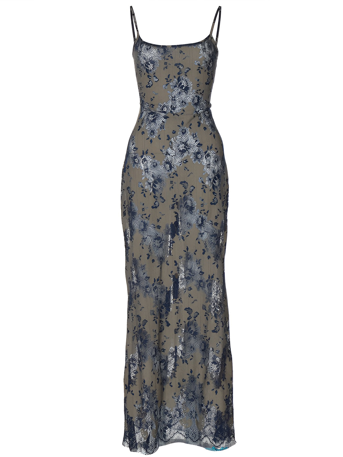 Semi-Sheer Midnight Garden Lace Up Cami Long Dress