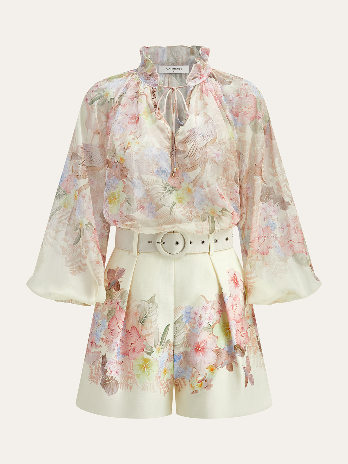 Floral Print Three-Piece Shorts Set With Belt