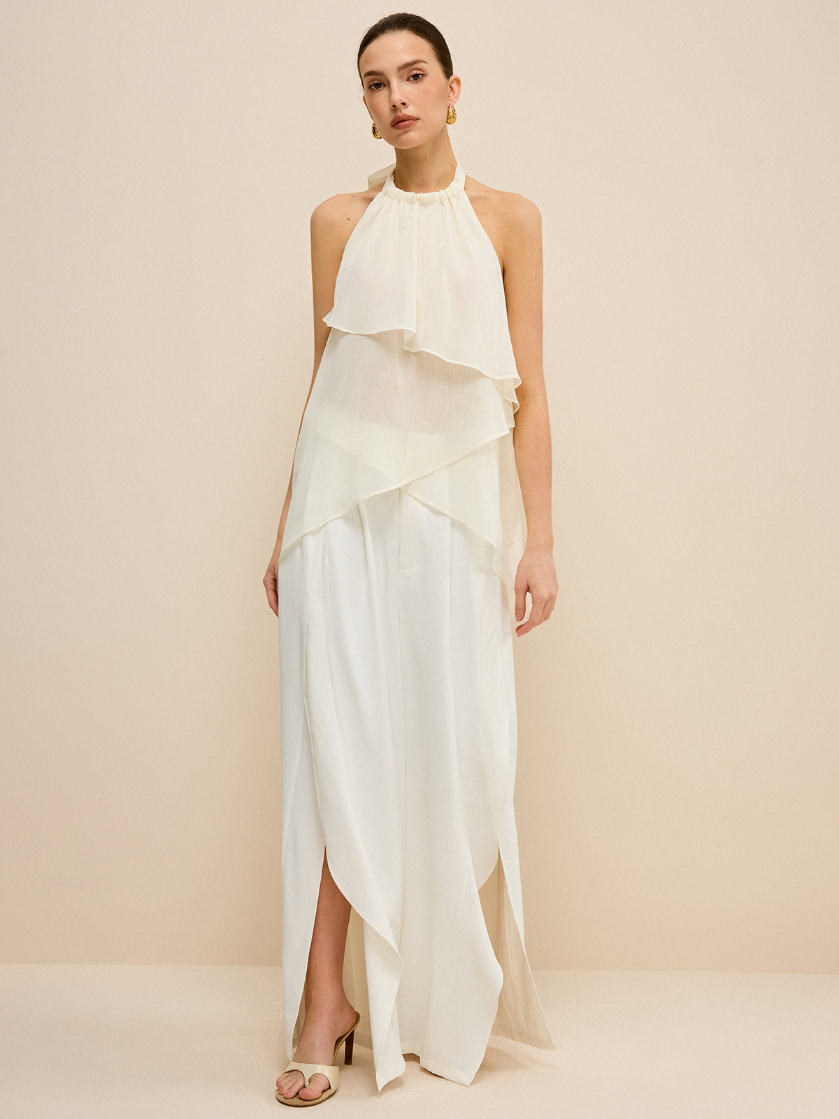 Semi-Sheer Layered Asymmetric Halter Chiffon Top