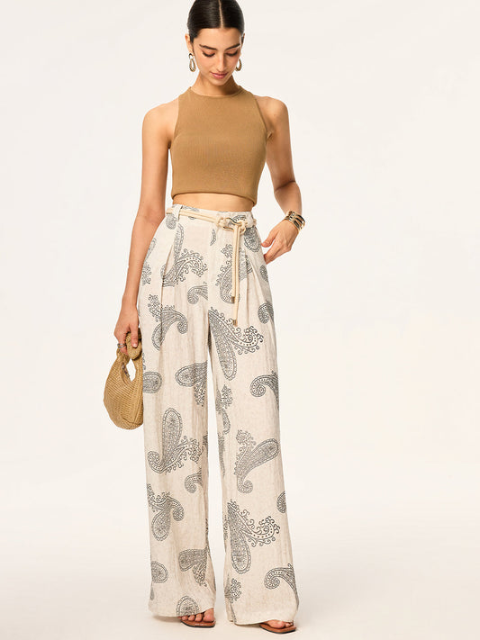 Boho Print Wide-Leg Pants without Belt