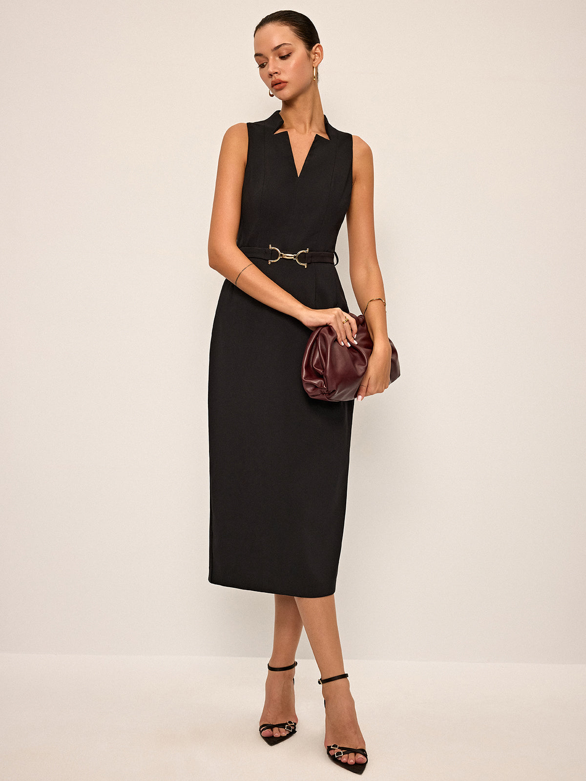 Sleeveless V-Neck Belted Midi Dress