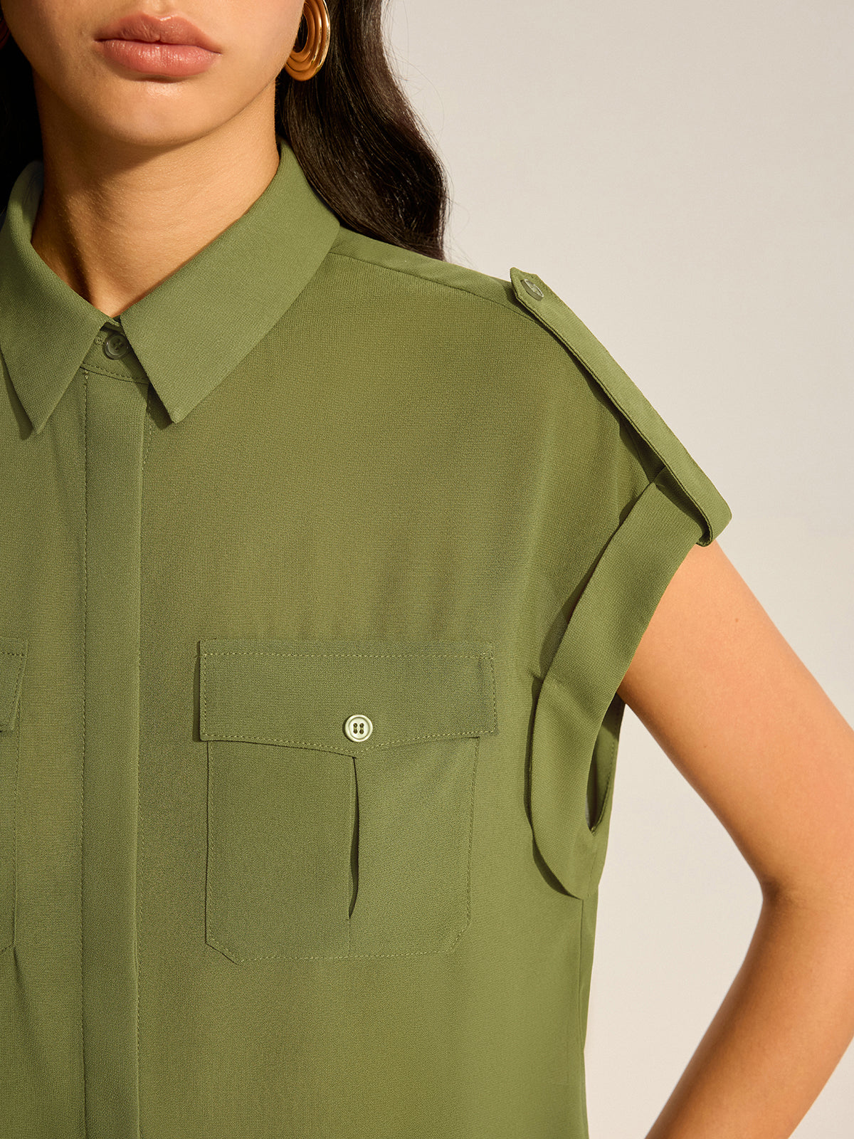 Rolled-Sleeve Pocketed Chiffon Shirt and Midi Skirt Set