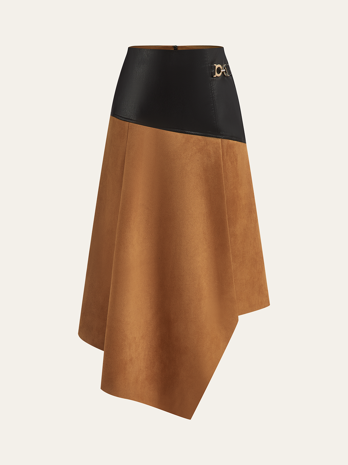 Faux Leather Paneled Suede Asymmetric Midi Skirt