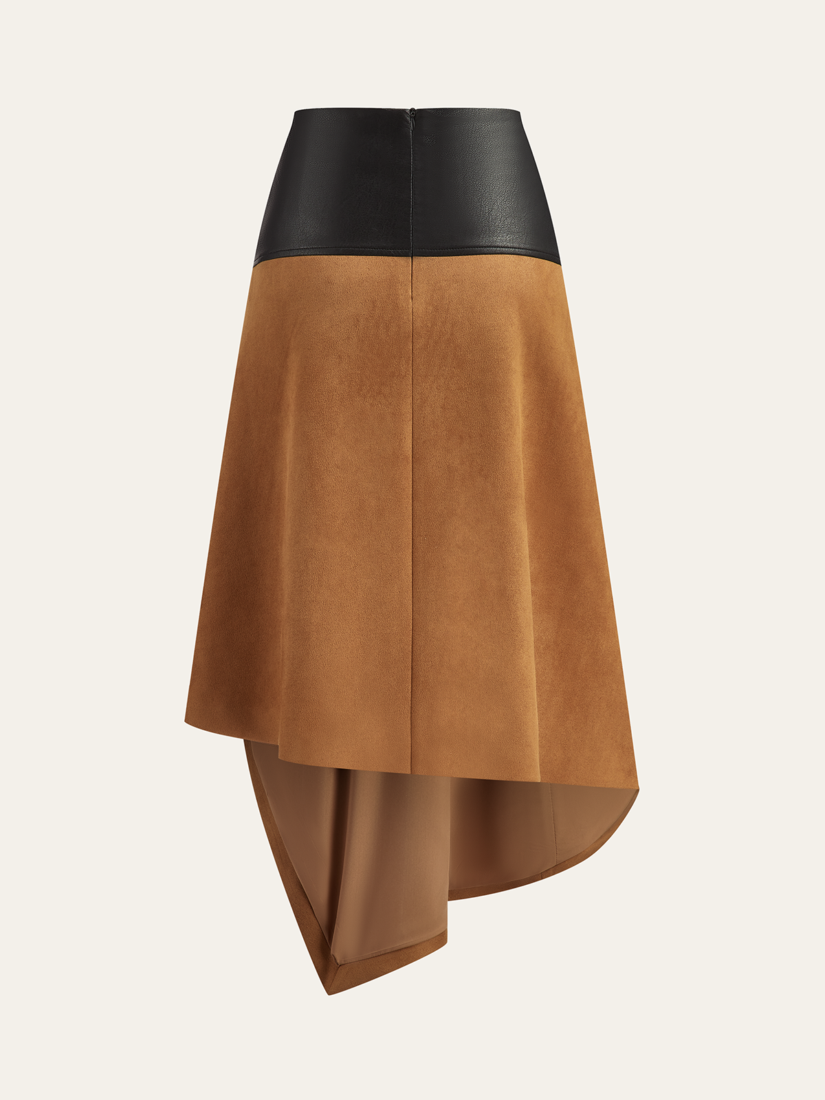 Faux Leather Paneled Suede Asymmetric Midi Skirt