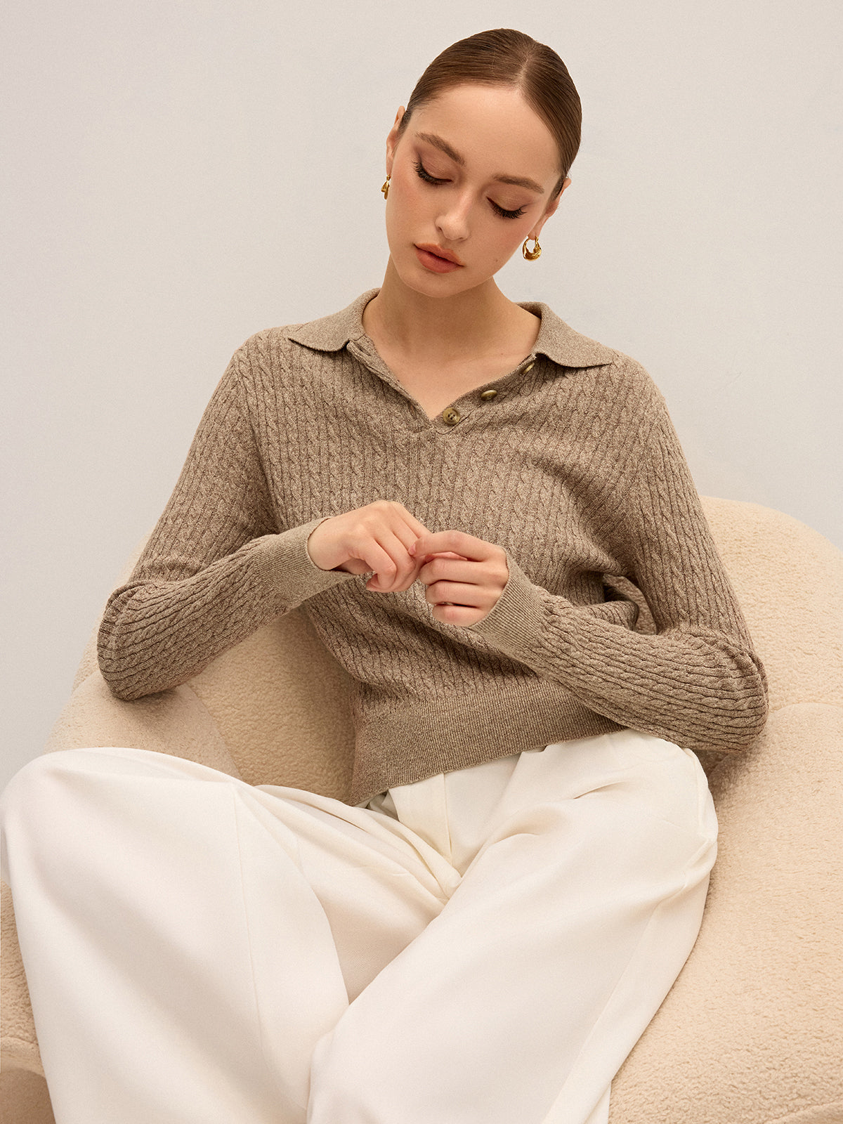 Cable Knit Cotton Collar Sweater