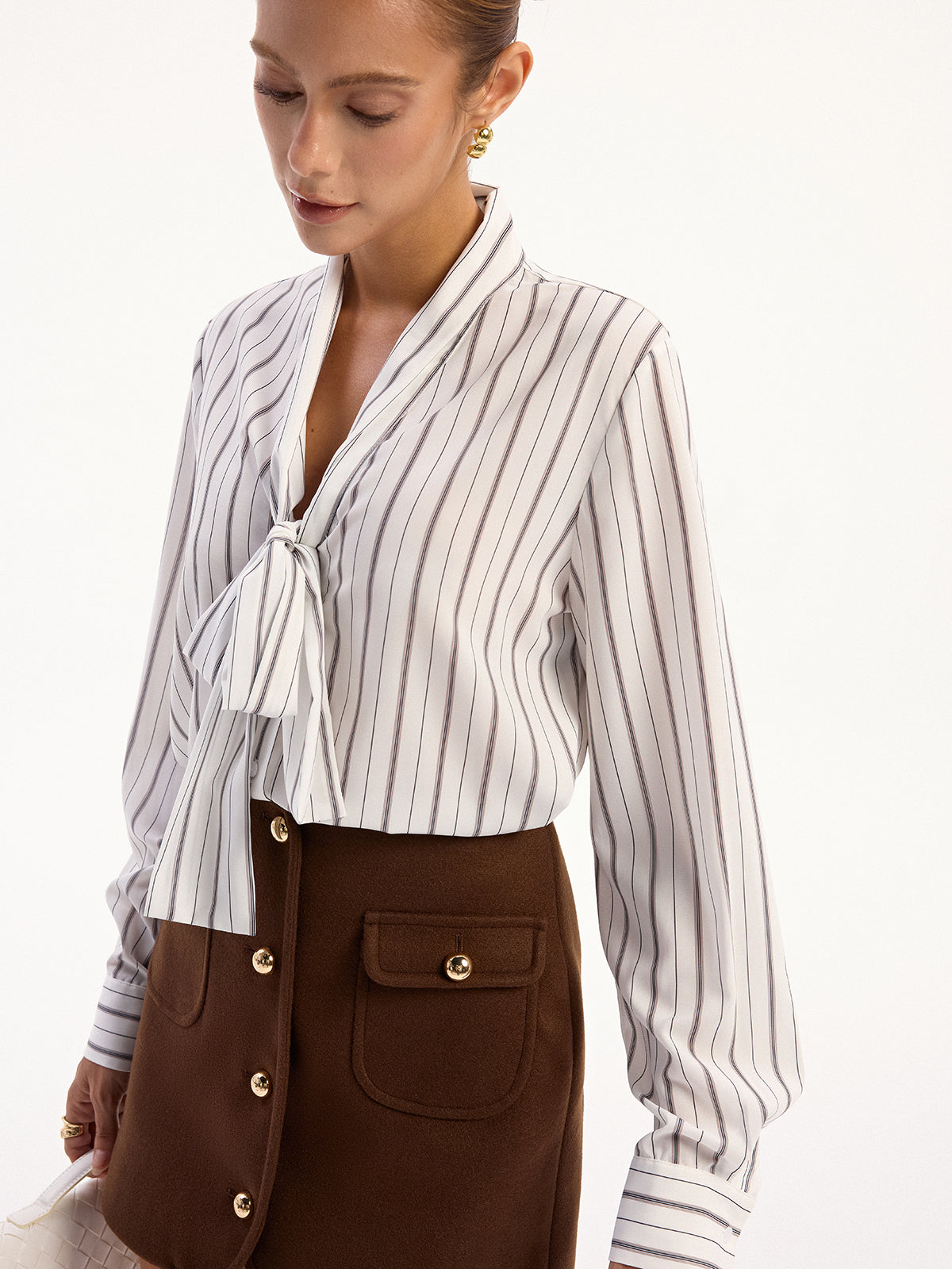 Striped Tie-Neck Long Sleeve Shirt