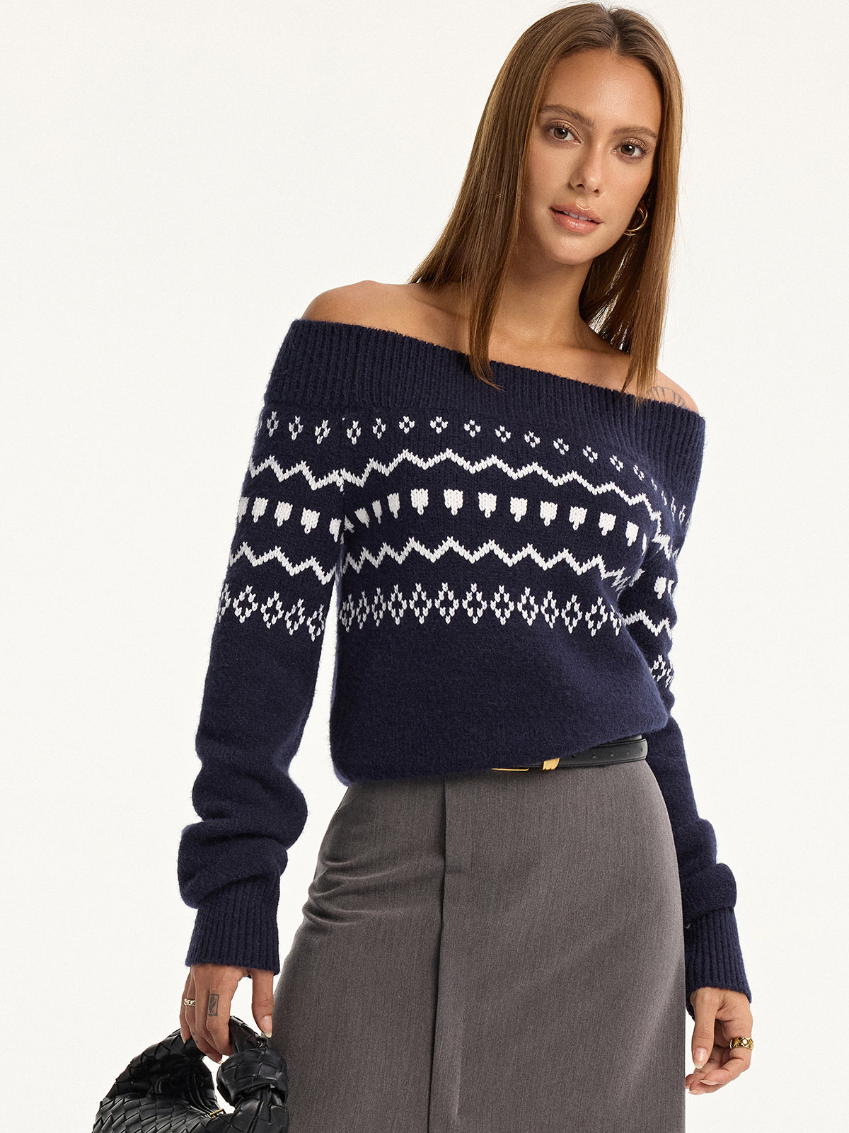 Off-Shoulder Fair Isle Knit Sweater