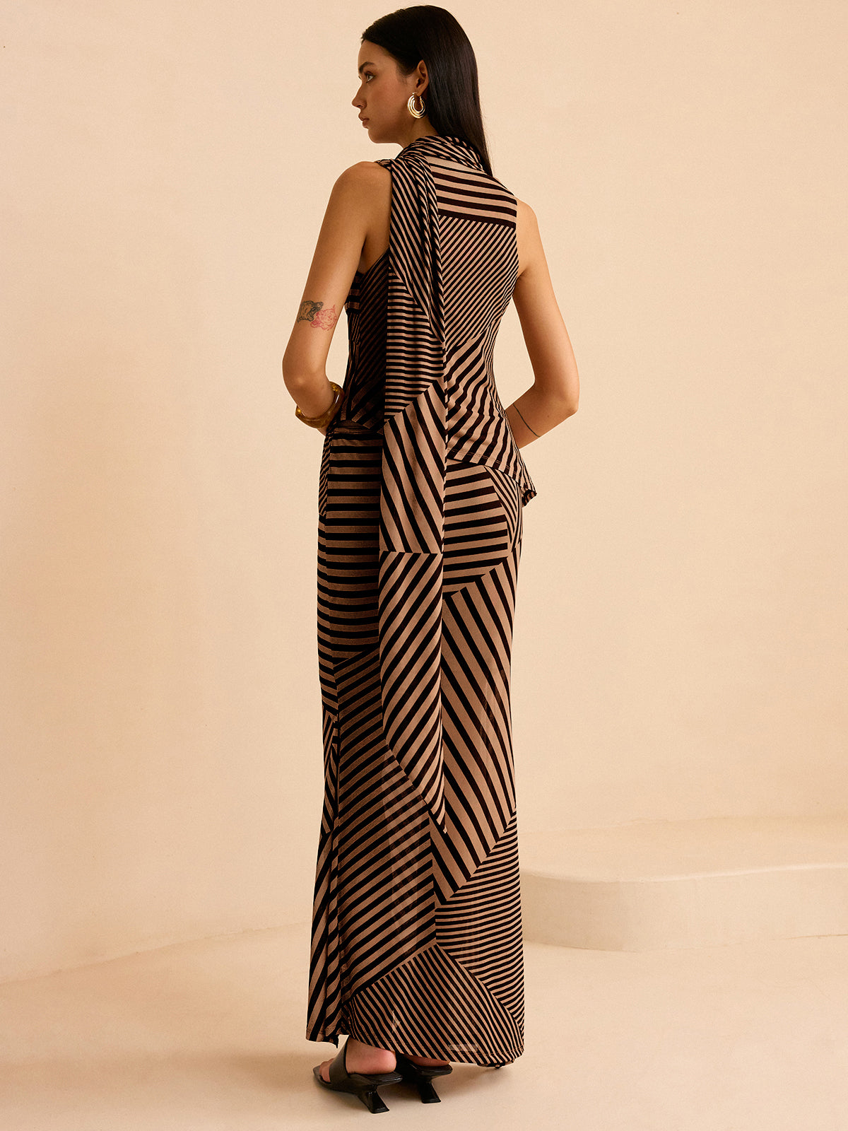 Striped Draped Neckline Skirt Set