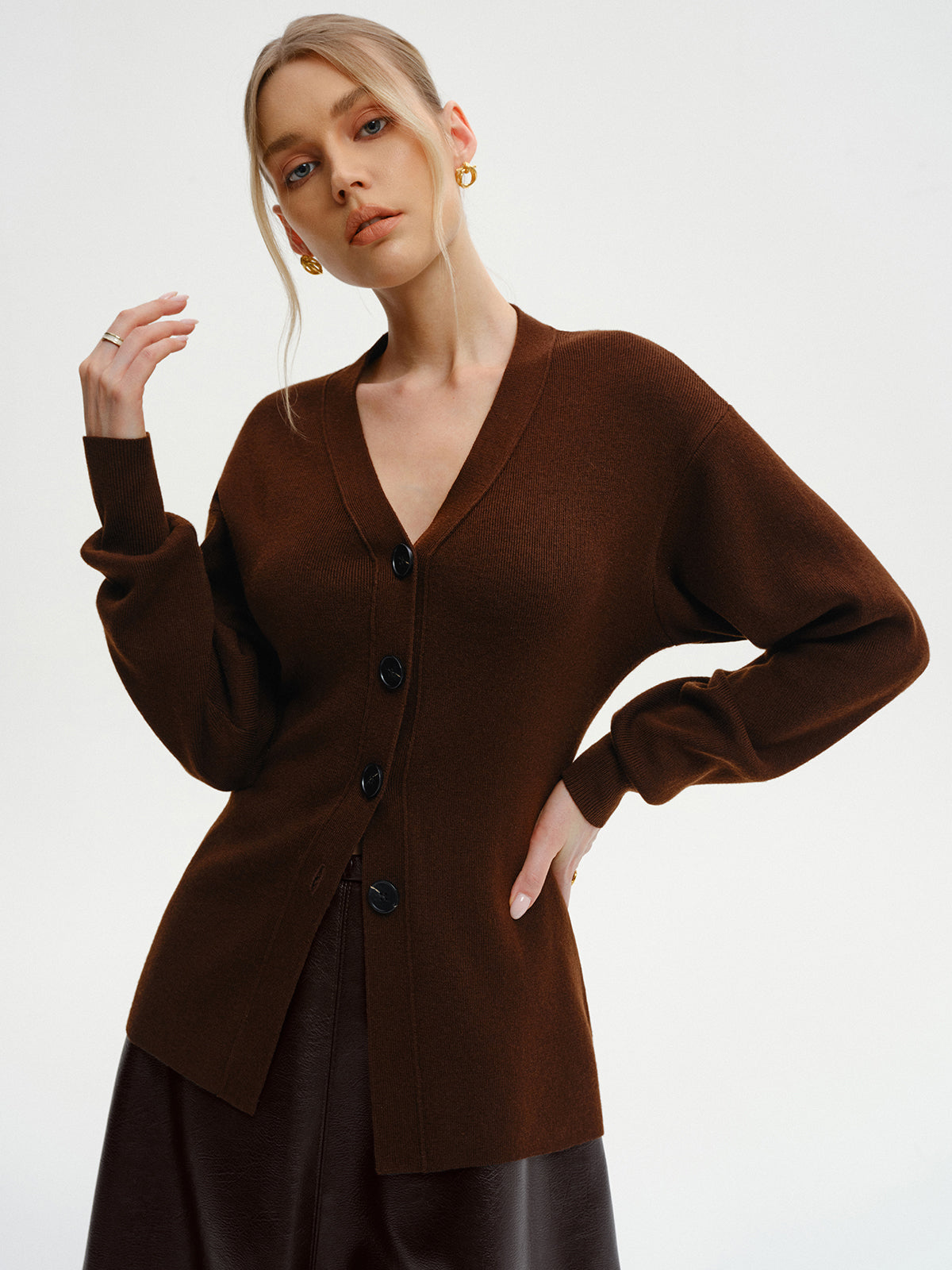 Wool-Blend V-Neck Button-Down Cardigan