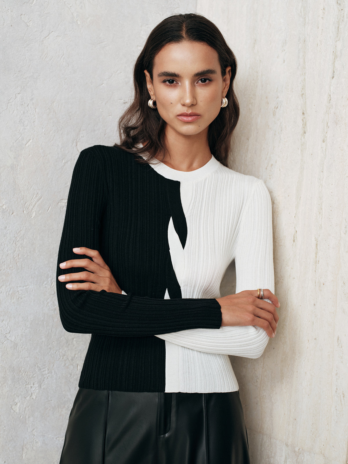 Asymmetric Color-Block Ribbed Sweater