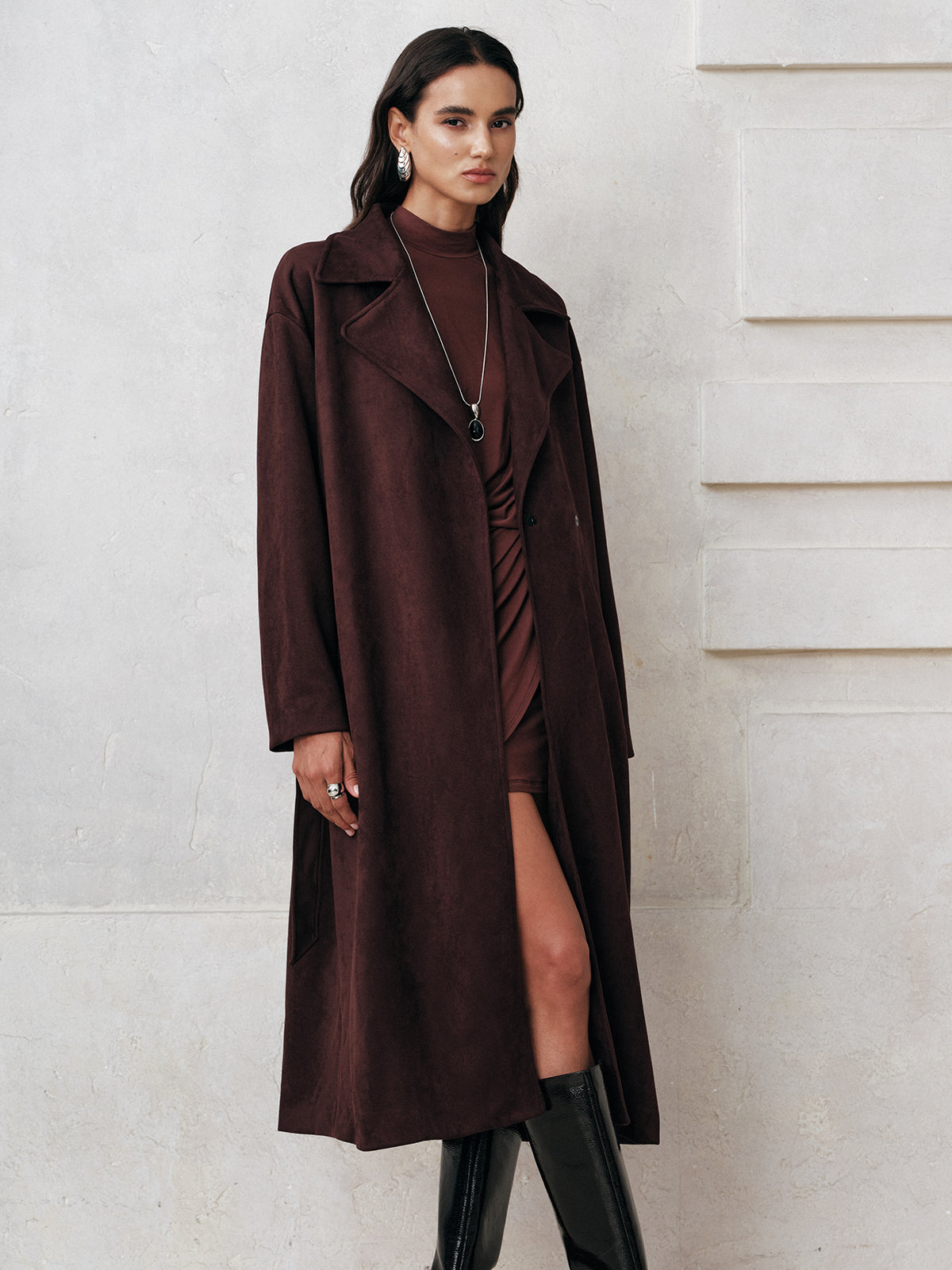Suede Belted Long Trench Coat