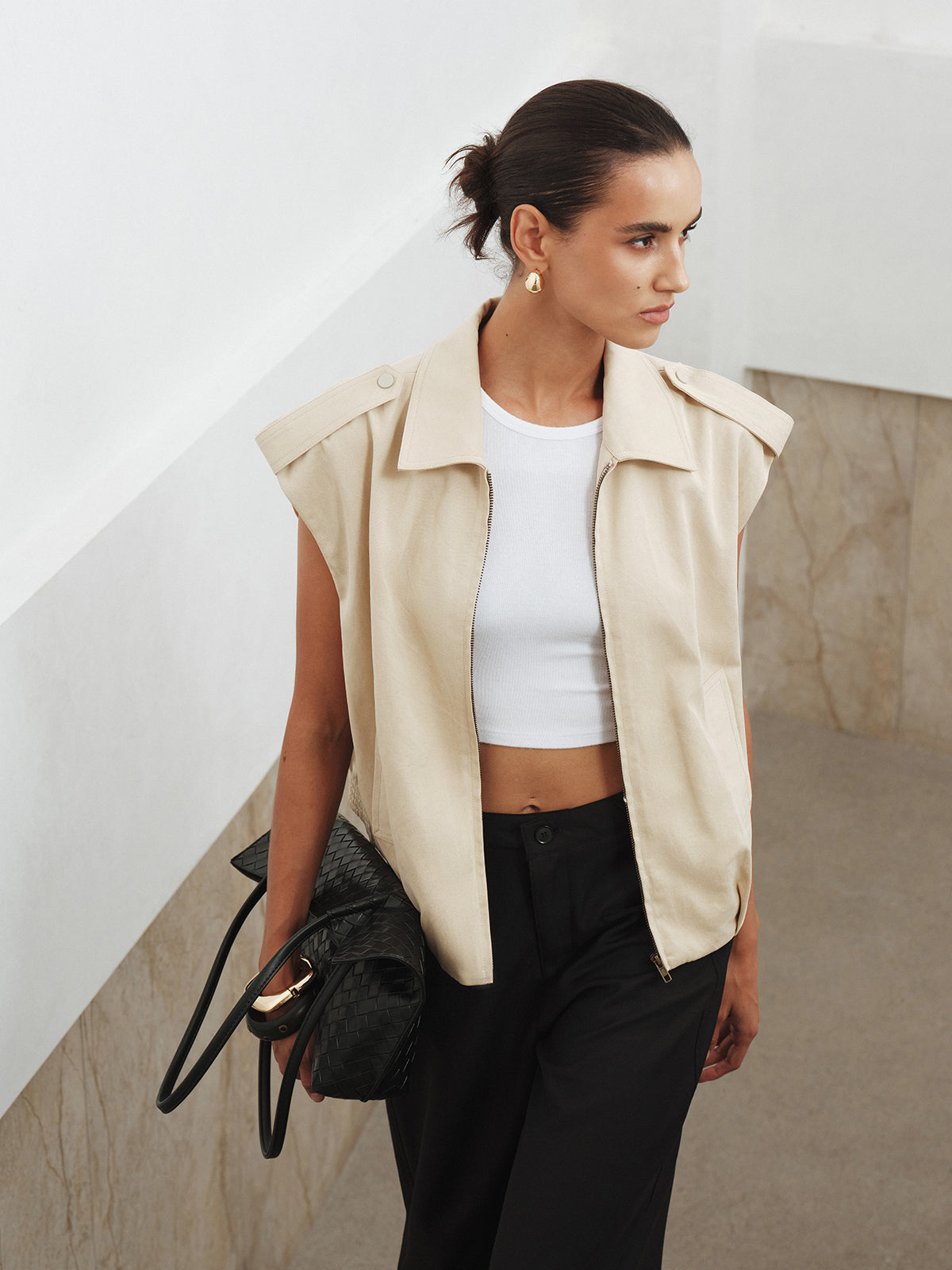 Collared Cap Sleeve Zip-Up Vest