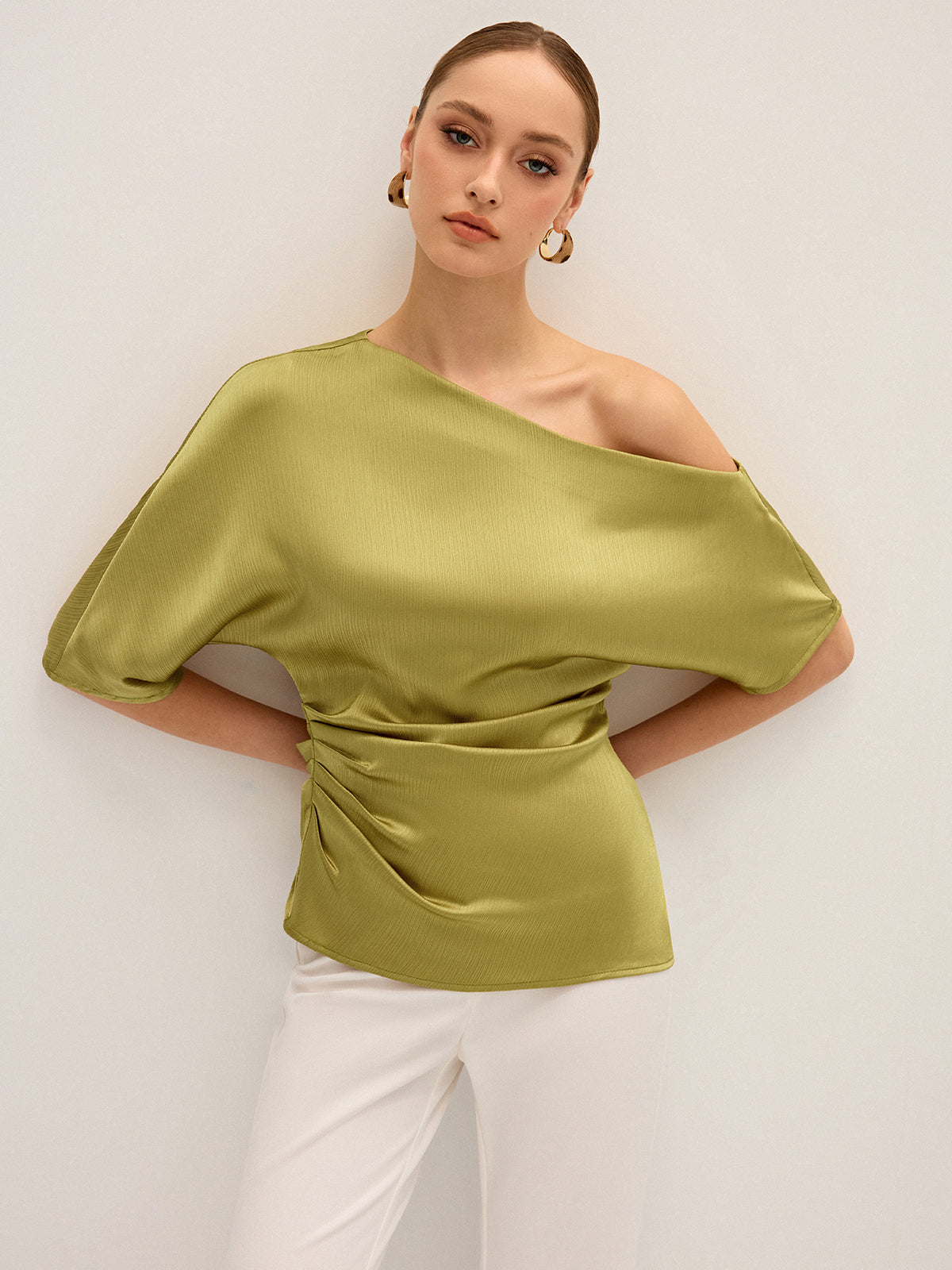 Satin One-Shoulder Ruched Top