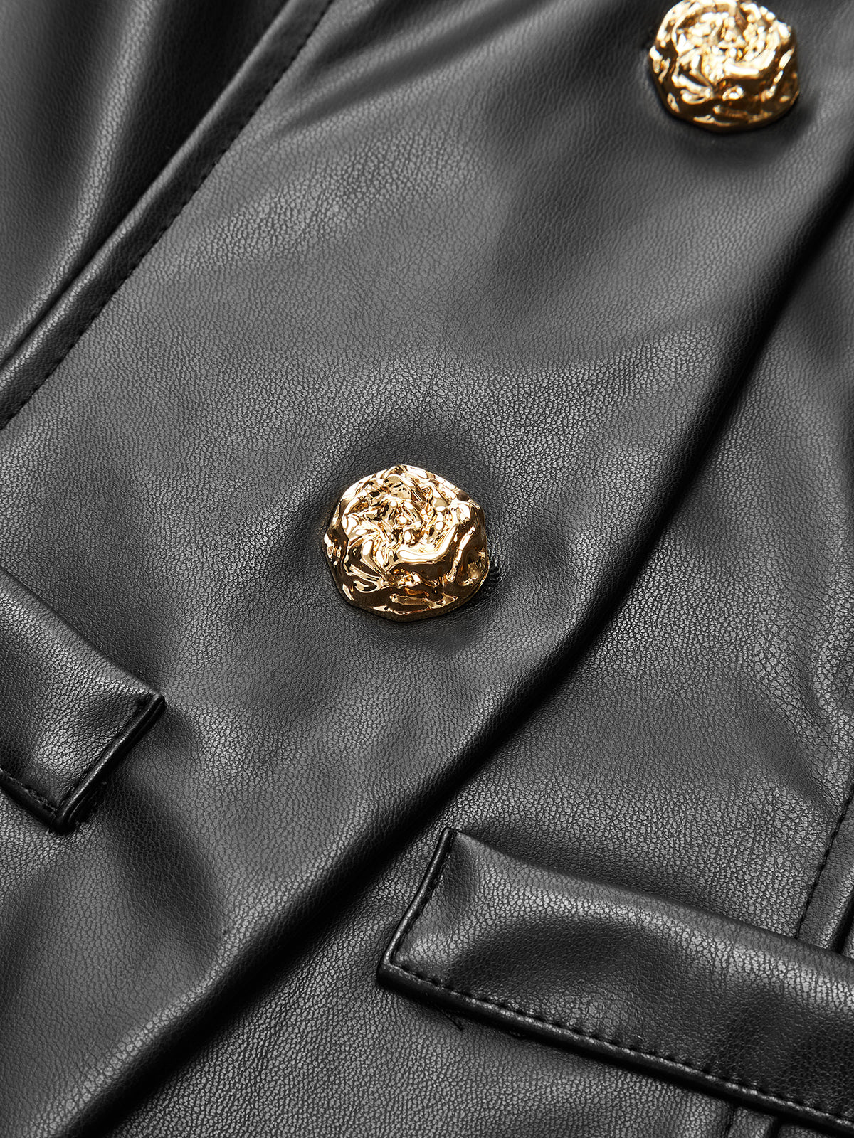 Metal Button Puffed Sleeve PU Leather Jacket