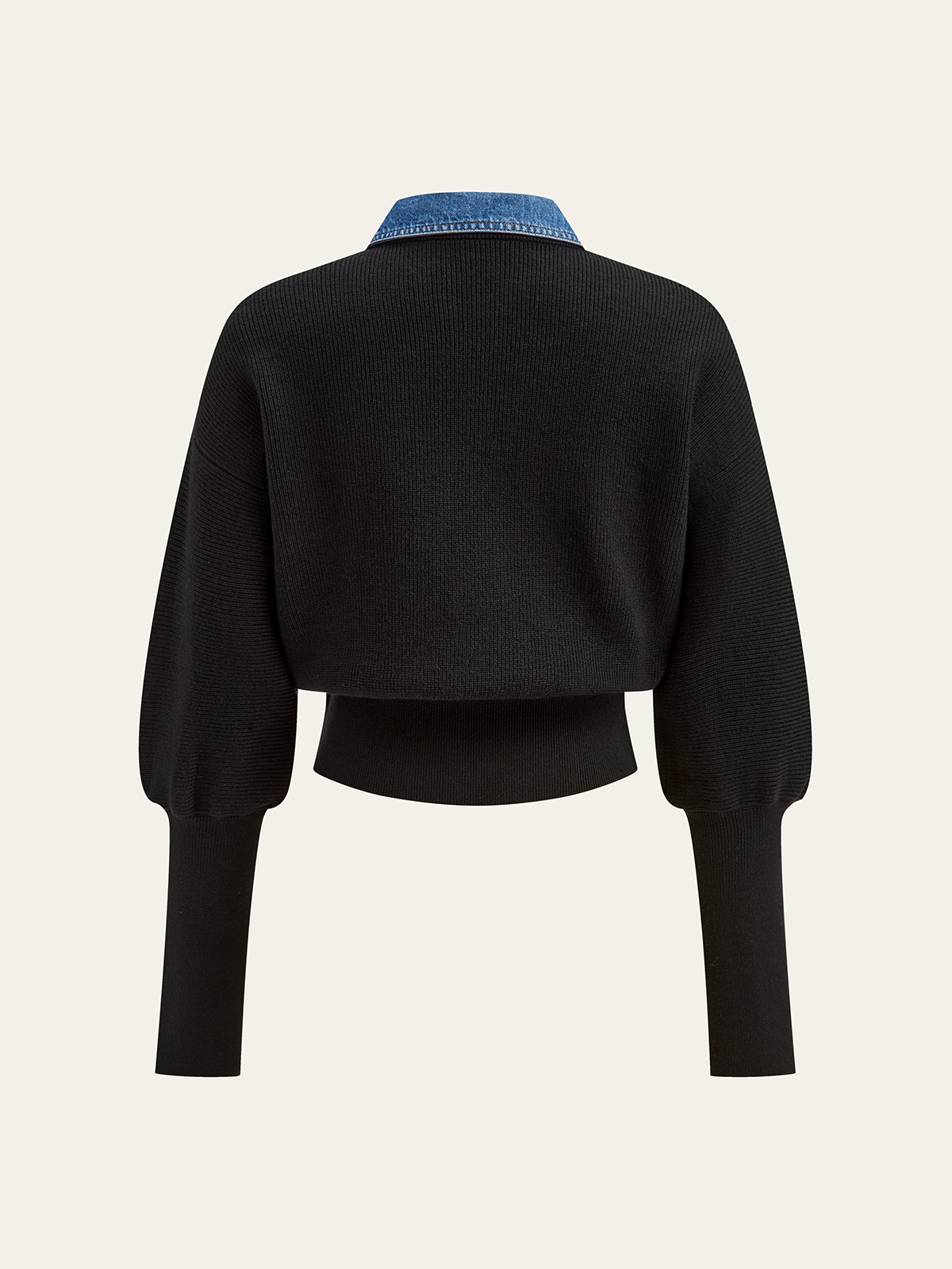 Wool Blend Denim Collar Puff Sleeve Cardigan