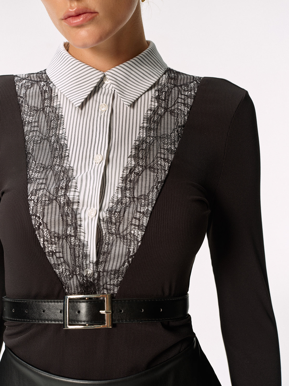 2 in 1 Striped Collar Lace Trim Shirt without Belt