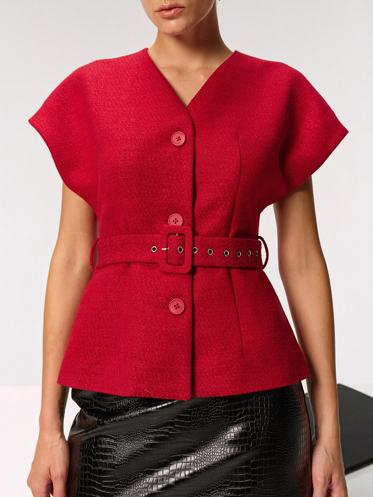 Tweed Belted Cap Sleeve Vest