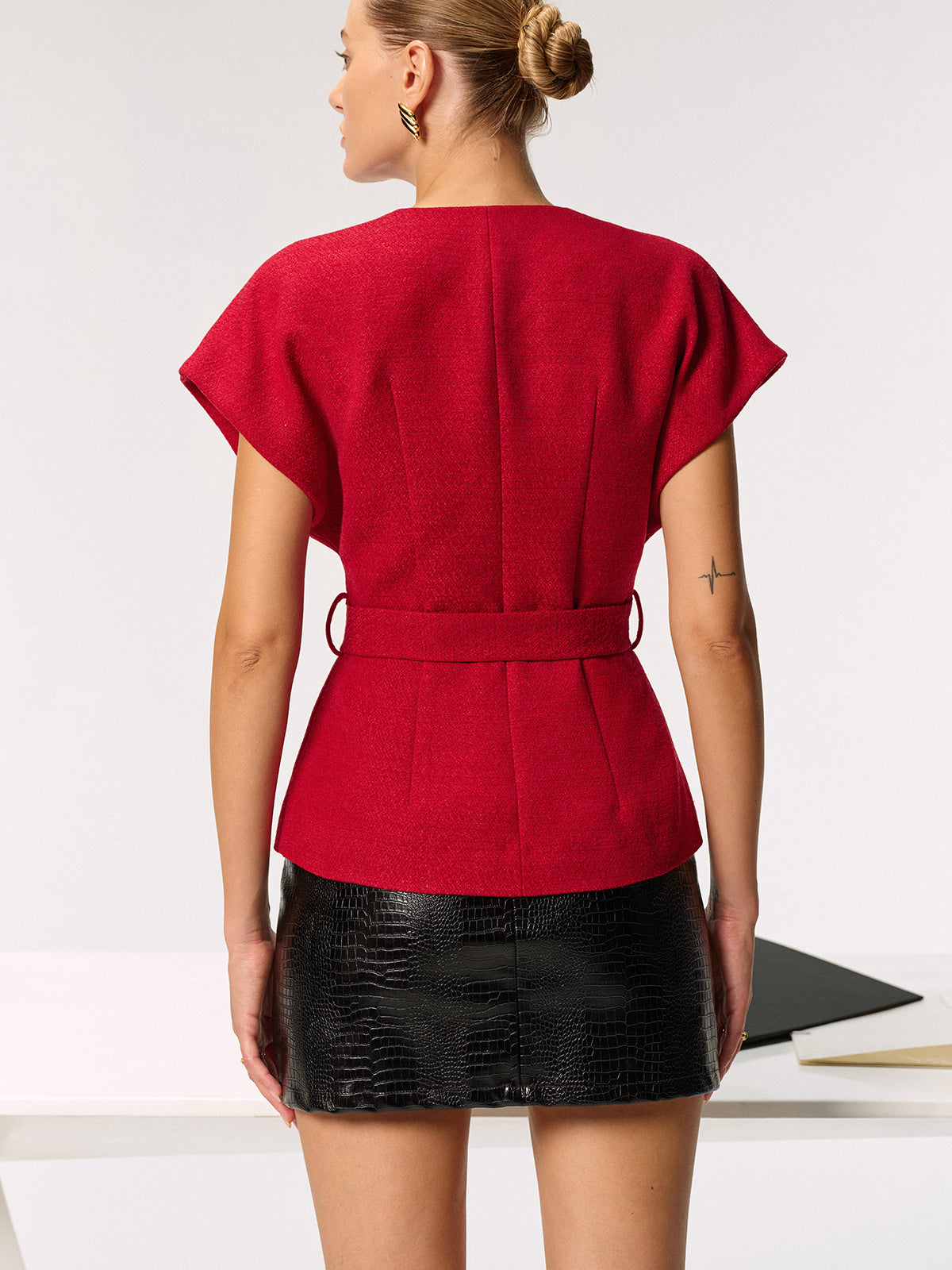 Tweed Belted Cap Sleeve Vest