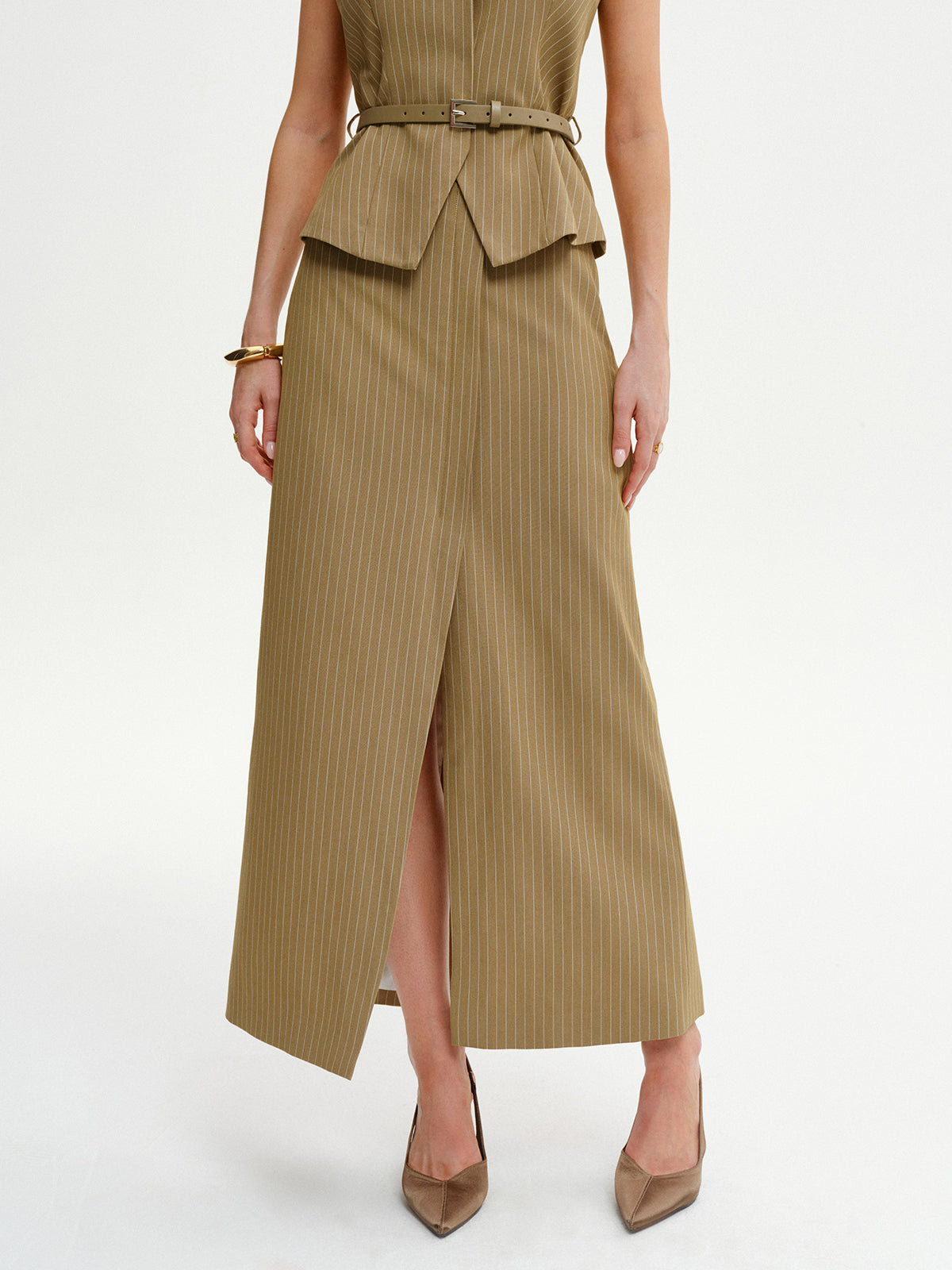 Pinstripe Slit Midi Skirt
