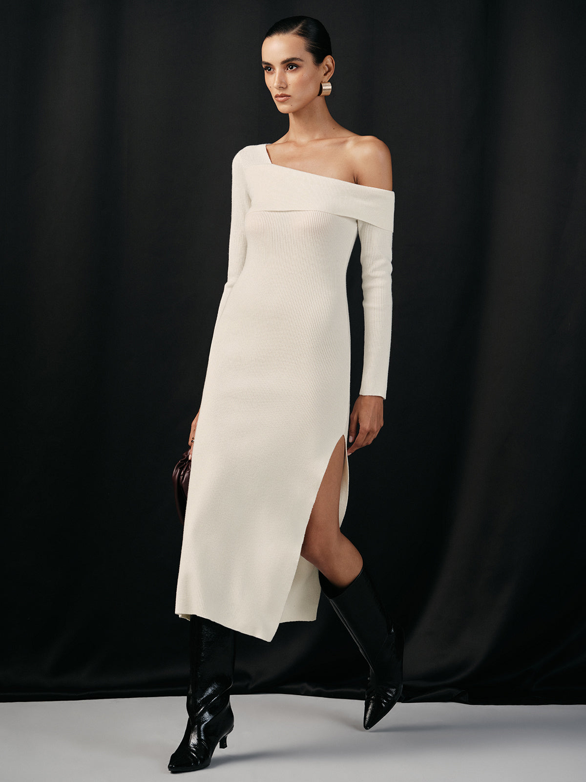 One Shoulder Wool Blend Knit Midi Slit Dress