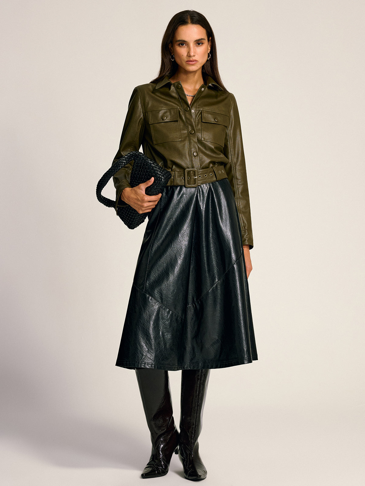 Belted PU Leather Cargo Shirt Jacket