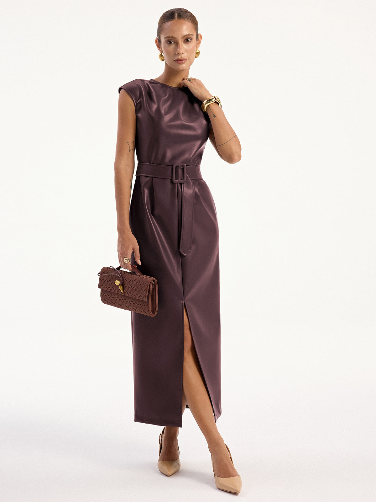 PU Leather Sleeveless Belted Midi Dress