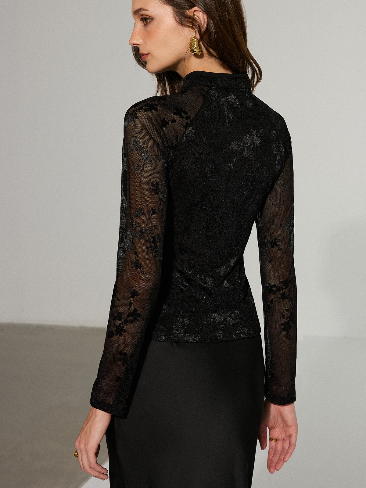 Mandarin Collar Floral Lace Long Sleeve T-Shirt