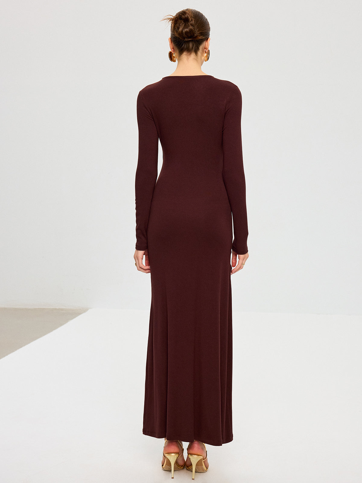 Metal Detail Long Sleeve Draped Maxi Dress