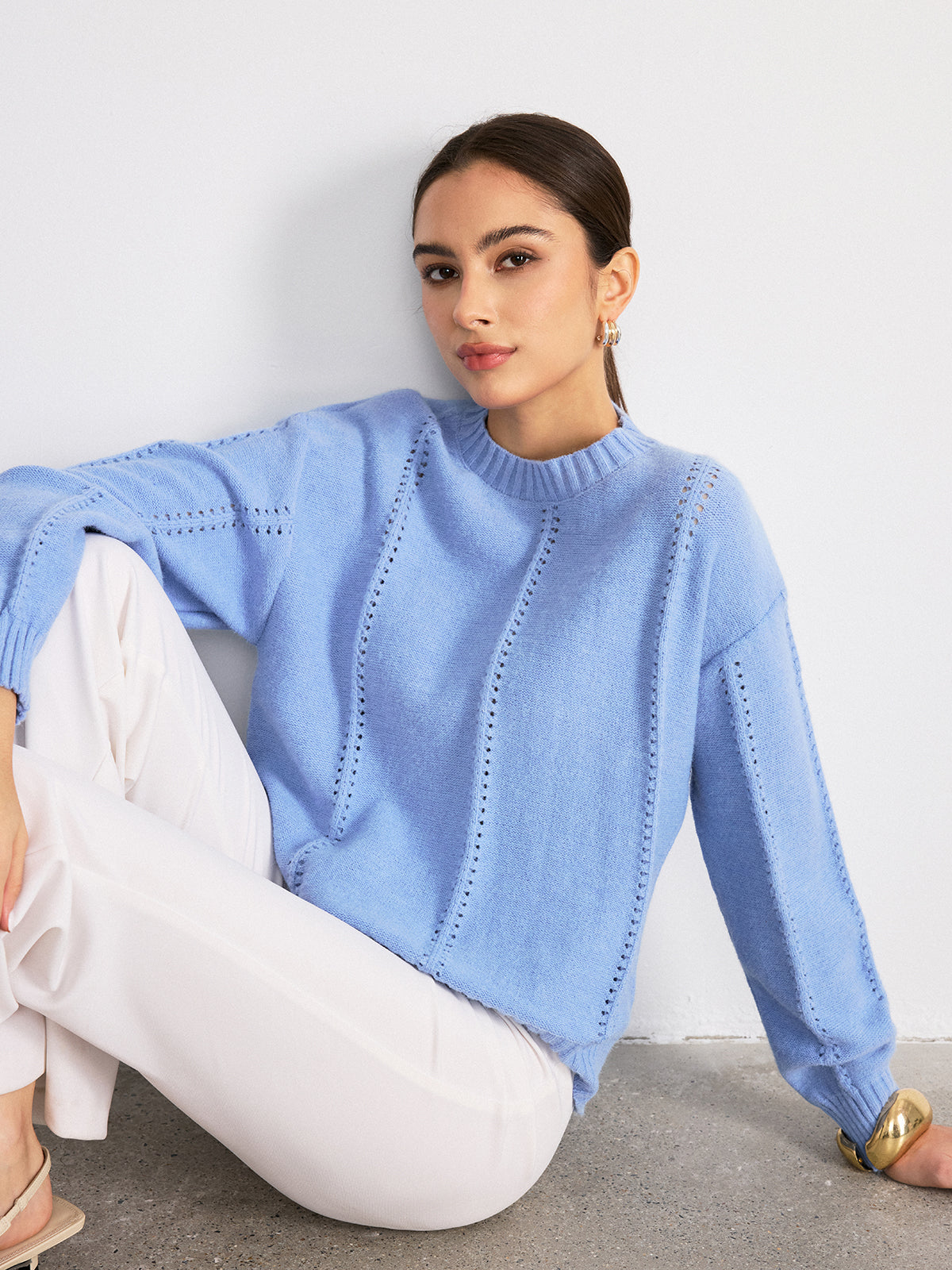 Eyelet Detail Crew Neck Sweater
