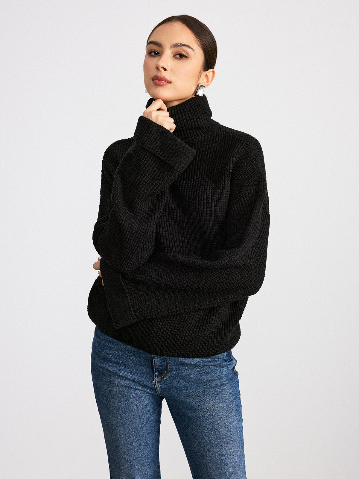 Turtleneck Waffle-Knit Flared Sleeve Sweater