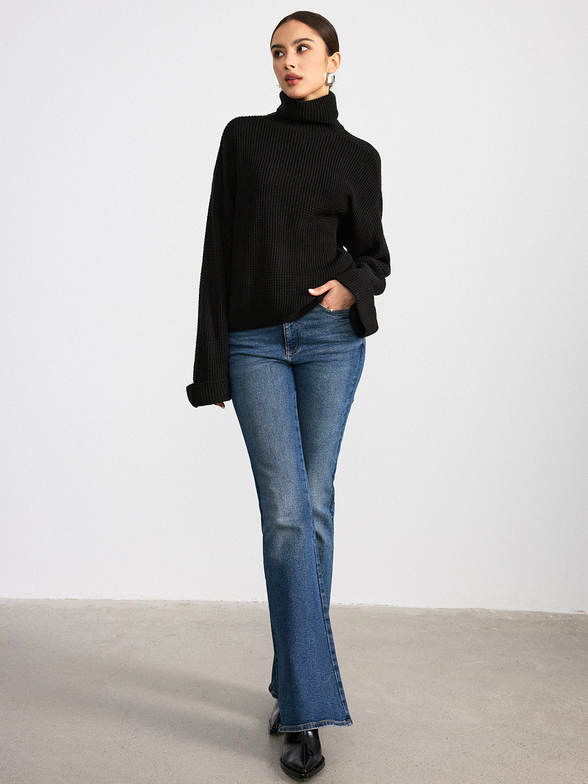 Turtleneck Waffle-Knit Flared Sleeve Sweater