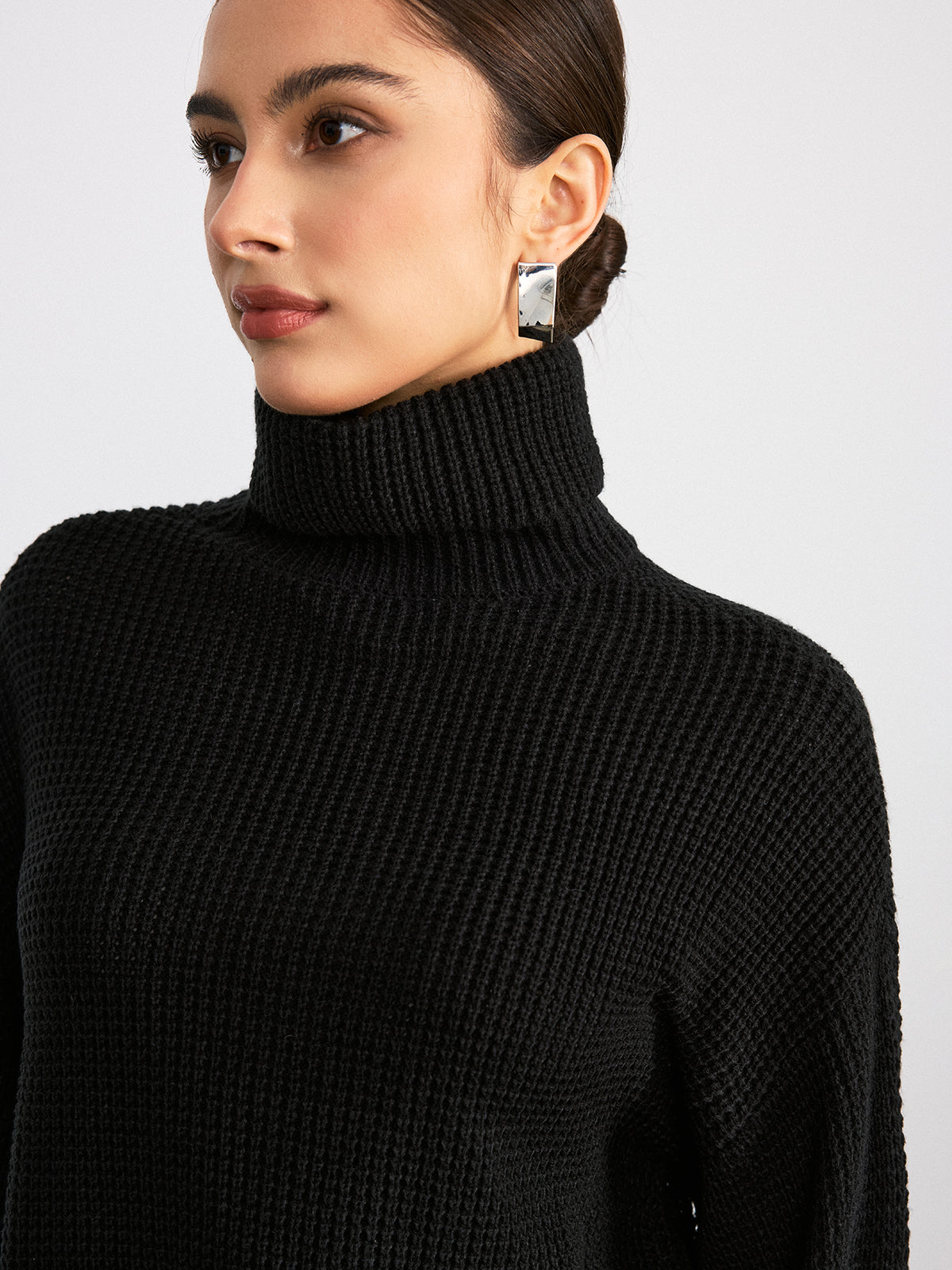 Turtleneck Waffle-Knit Flared Sleeve Sweater