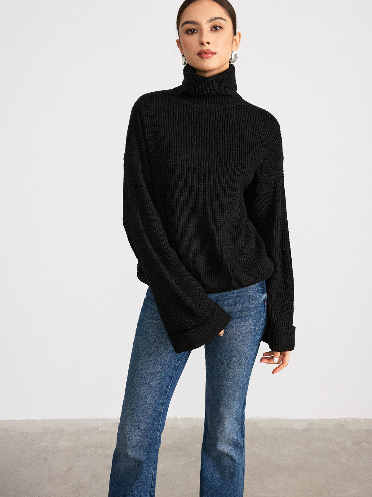 Turtleneck Waffle-Knit Flared Sleeve Sweater