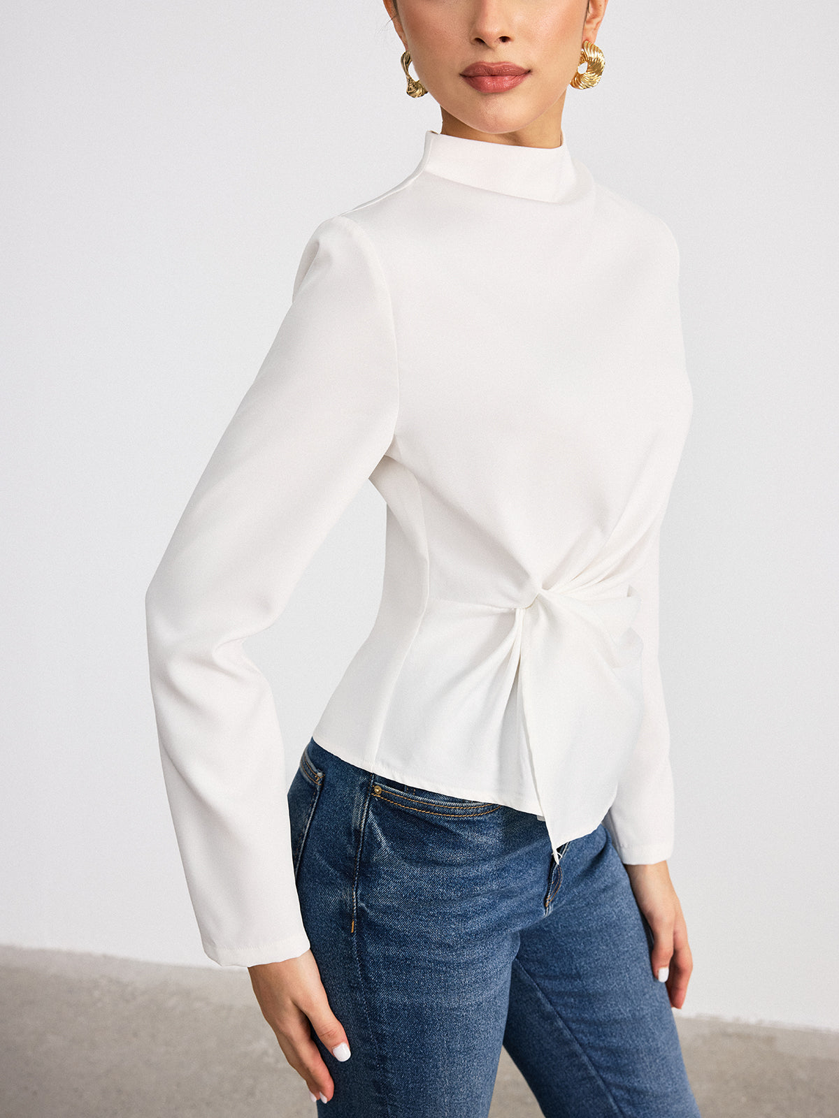 Long-Sleeve Twist Mock Neck Top