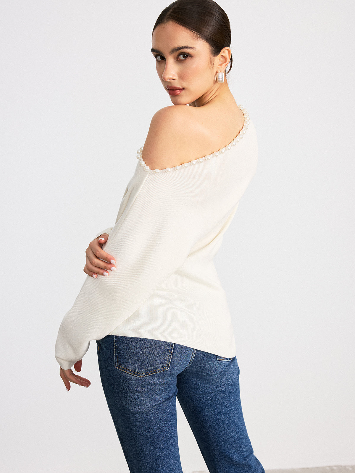 Off-Shoulder Pearl Embellished Wool Blend Sweater