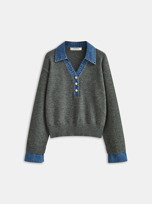Denim Collar Knit Top