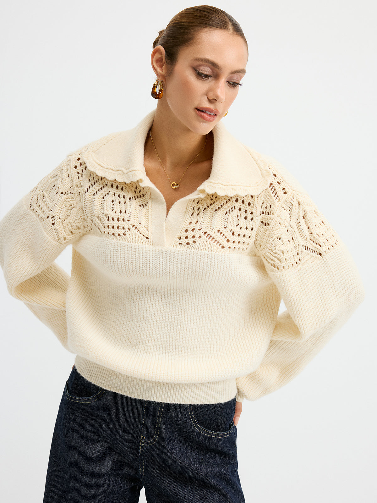 Openwork Polo Knit Sweater