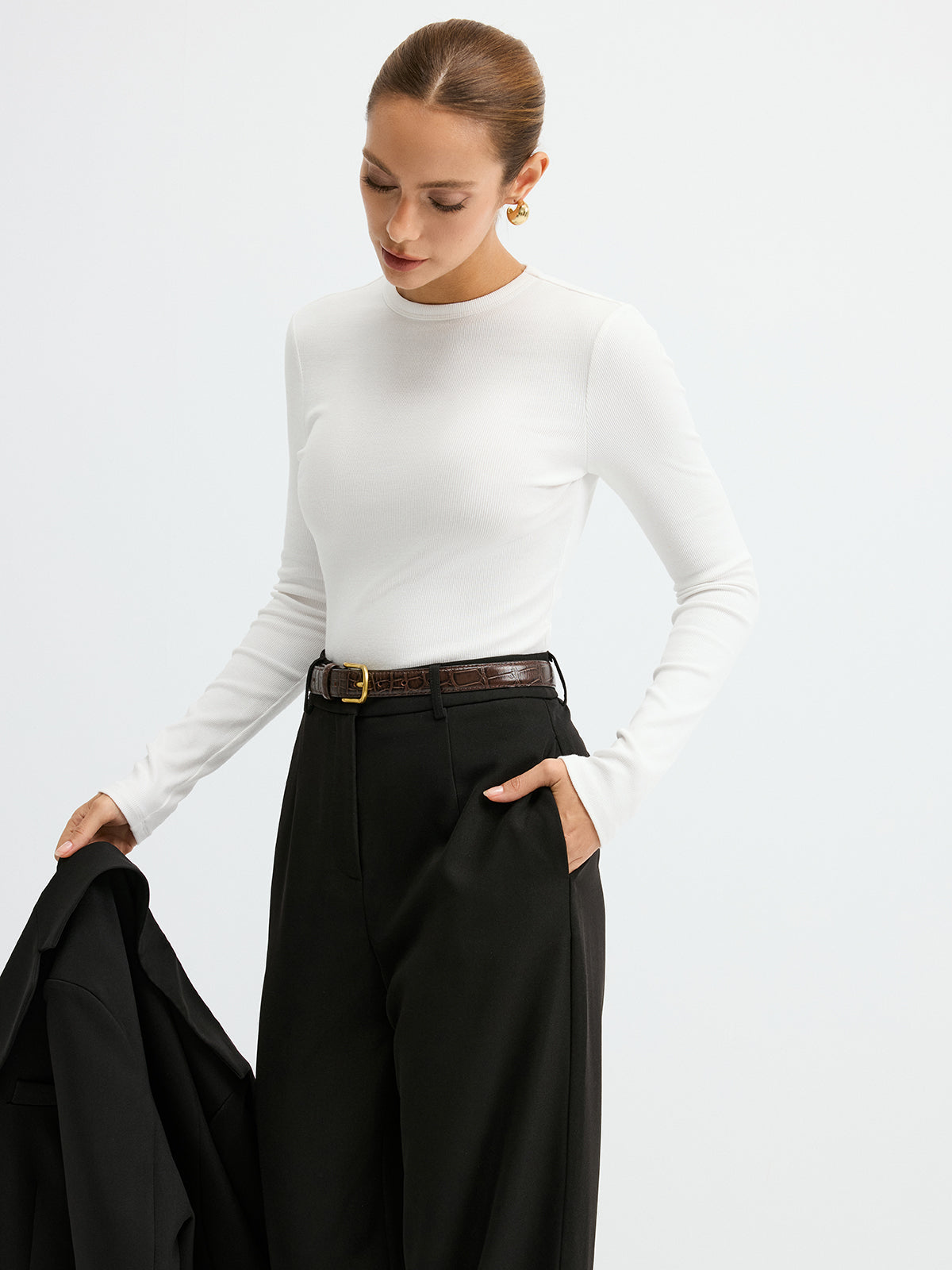 Ribbed Crew Neck Long Sleeve T-Shirt