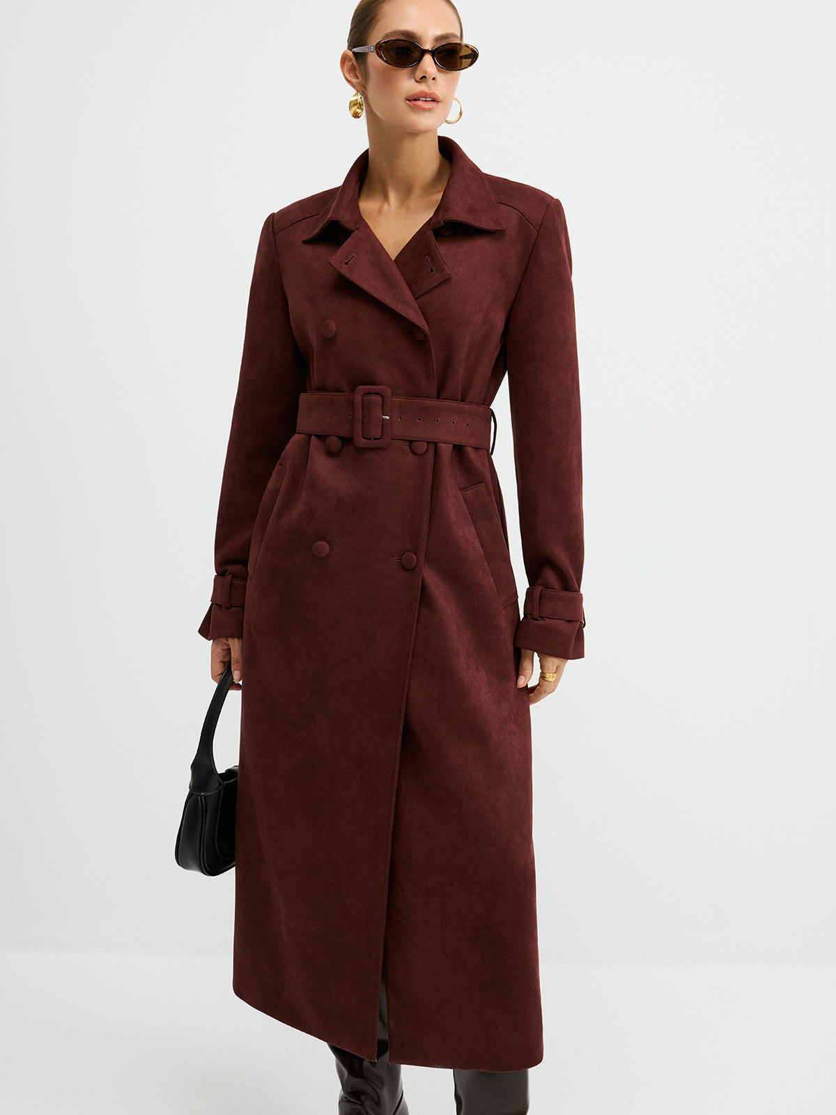 Suede Double-Breasted Long Trench Coat