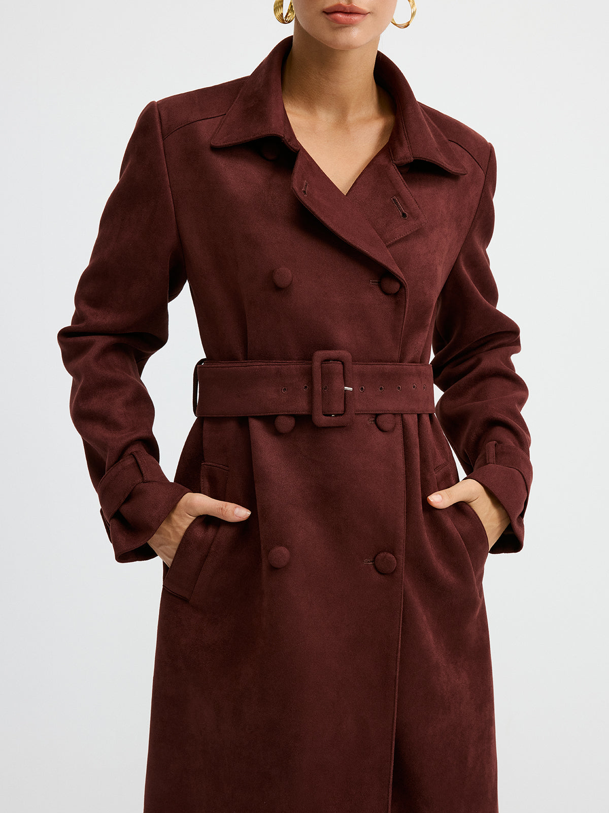 Suede Double-Breasted Long Trench Coat