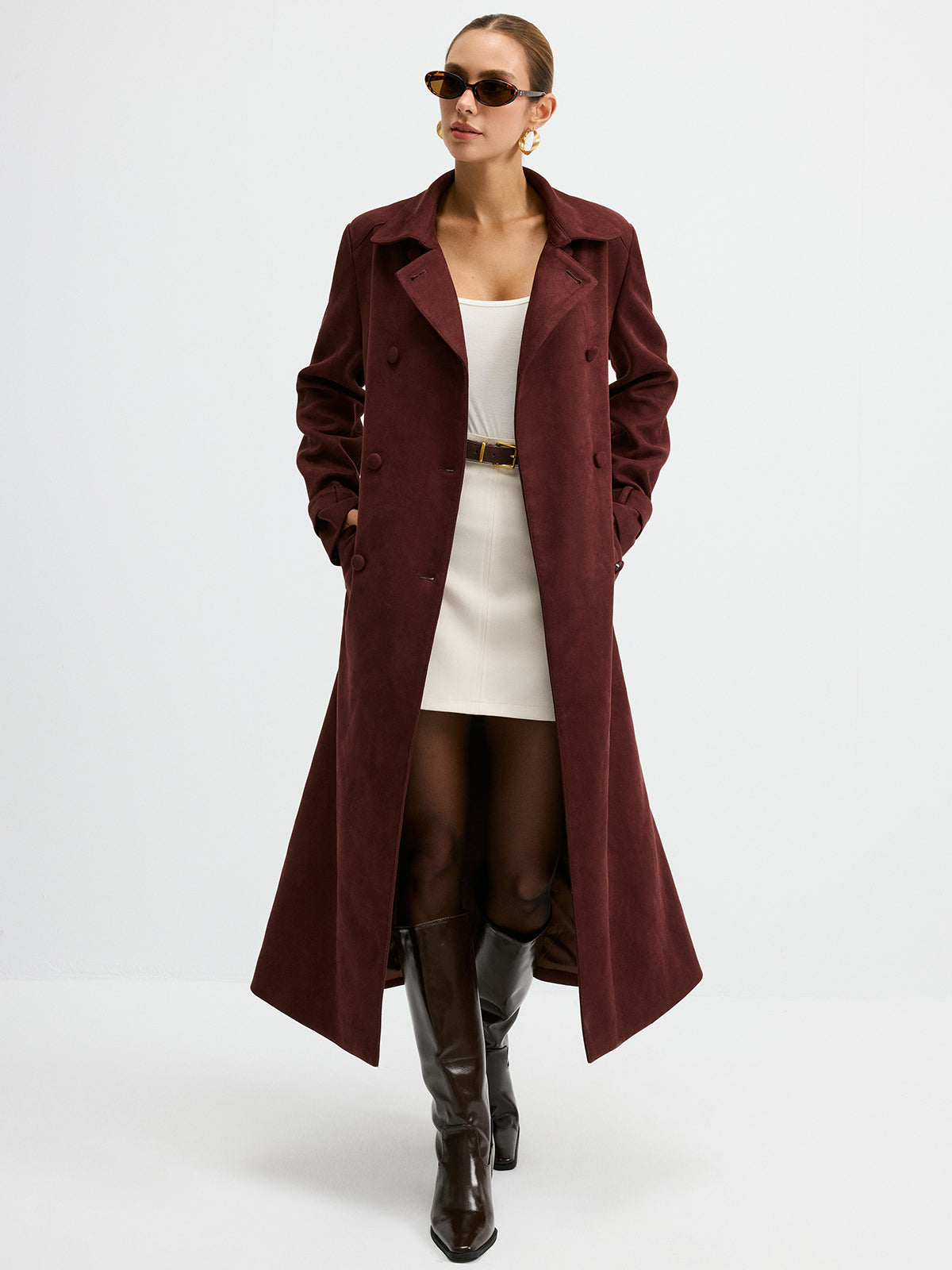 Suede Double-Breasted Long Trench Coat