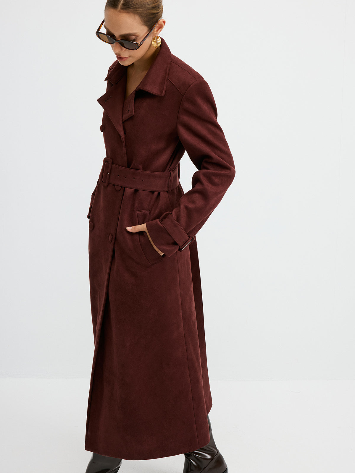 Suede Double-Breasted Long Trench Coat