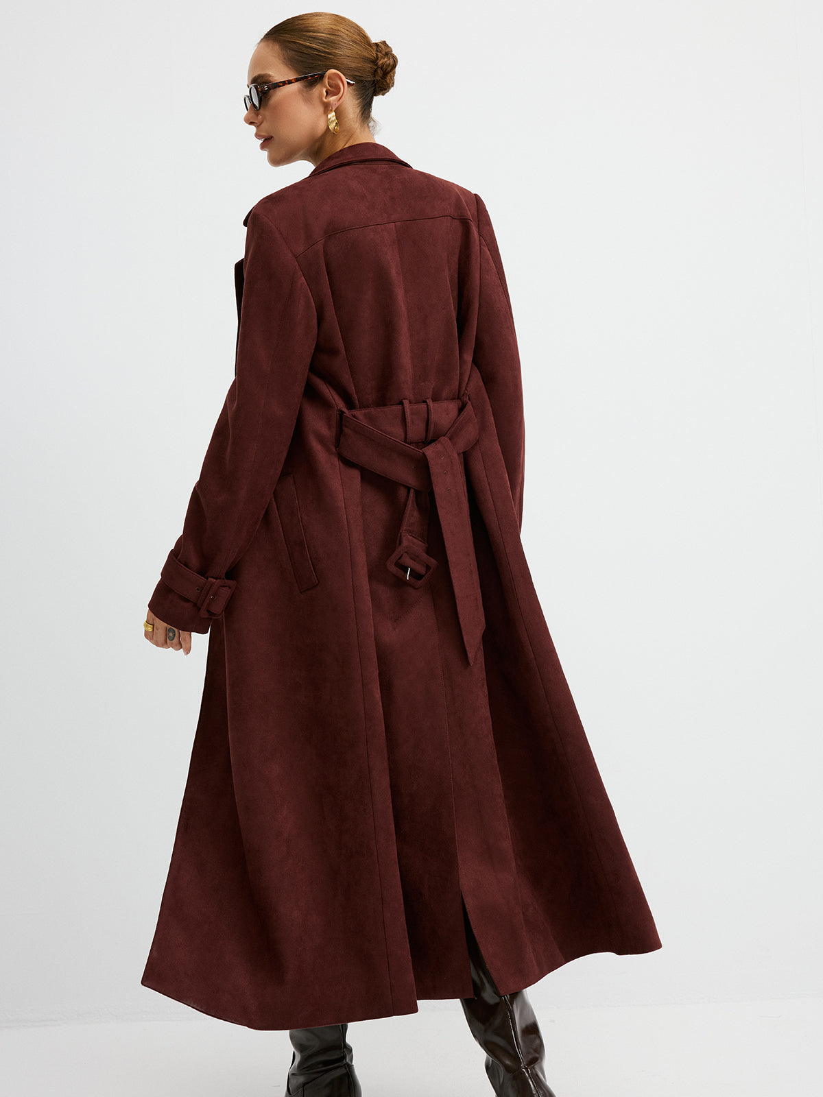 Suede Double-Breasted Long Trench Coat