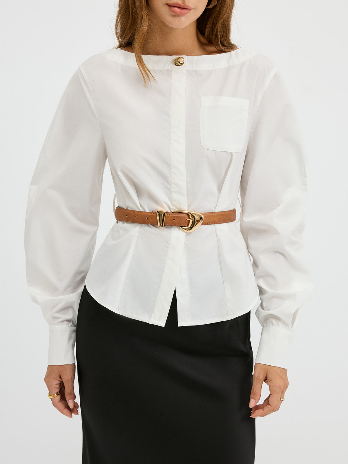 Boat Neck Curved Sleeve Belted Shirt