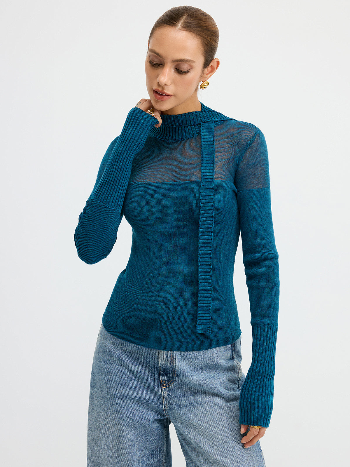 Sheer Panel Tie Neck Wool Blend Knit Top