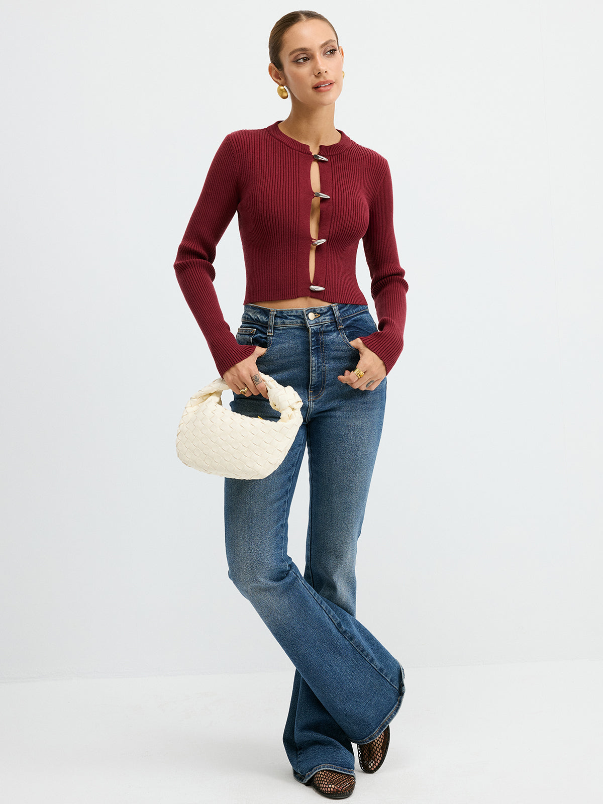 Metal Button Ribbed Fitted Sweater