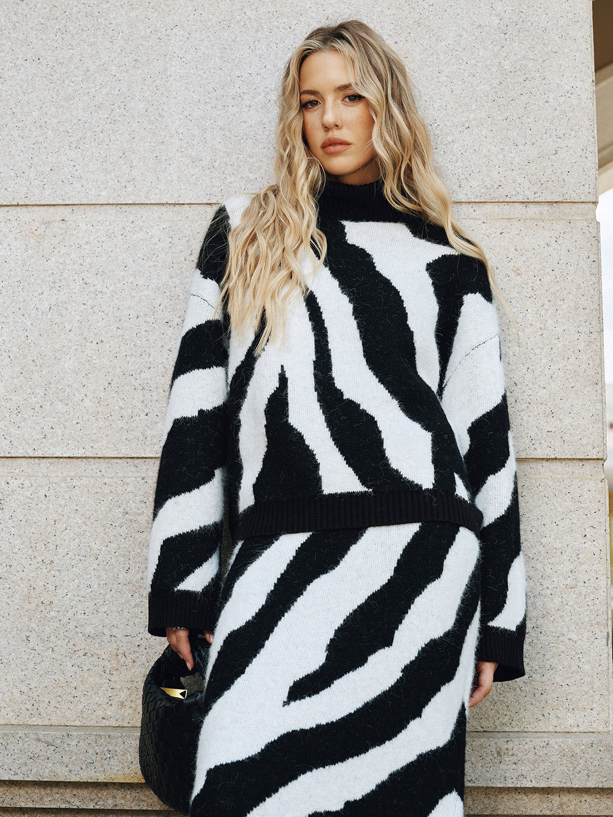 Zebra Print Turtleneck Wool Blend Sweater