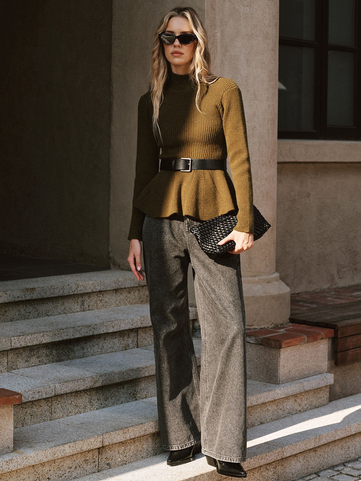 Belted Peplum Turtleneck Knit Top